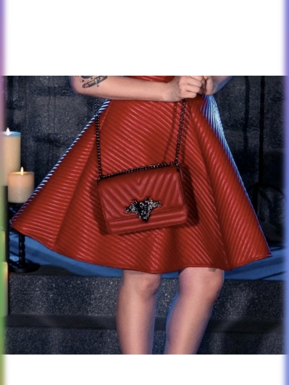 LA FEMME EN NOIR DRACULA SKATER SKIRT BLOOD RED QUILTED VEGAN LEATHER Size S